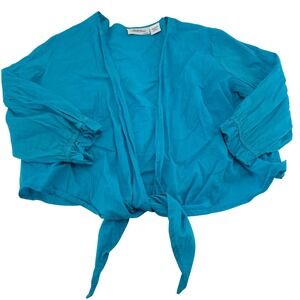 Vermont Country Store Blue 100% Cotton Tie Front Ruffle Cuff Cardigan Top XL